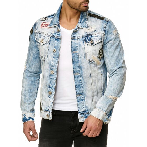 Red Bridge Mens Denim Jacket Bold Duty Military Destroyed Blue XL