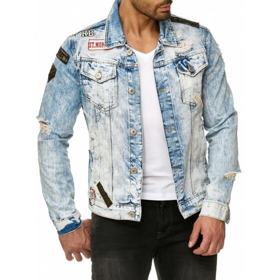 Red Bridge Mens Denim Jacket Bold Duty Military Destroyed Blue XL