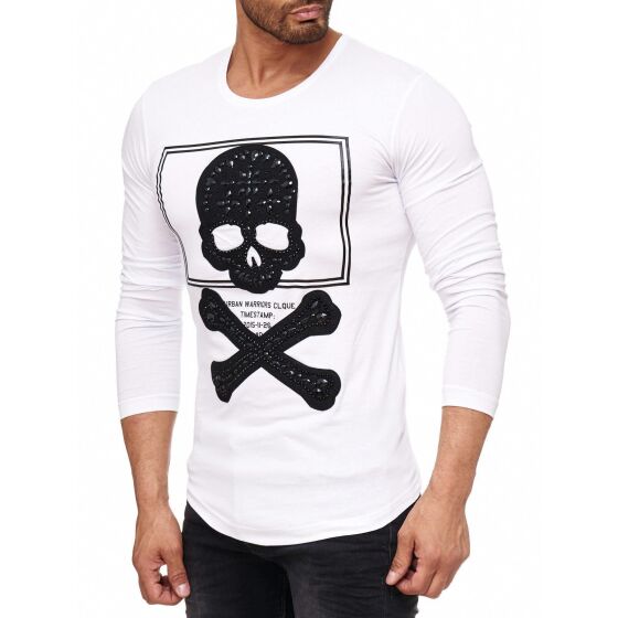 Red Bridge Mens Rhinestone Skull Motif Pullover Sweatshirt Longsleeve White