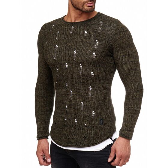 Red Bridge Mens Stylish Cuts Knit Sweater Pullover Sweat Oversize Destroyed double layer Khaki