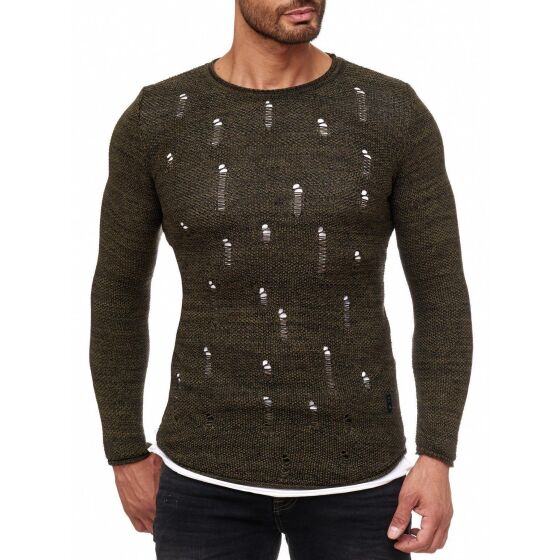 Red Bridge Mens Stylish Cuts Knit Sweater Pullover Sweat Oversize Destroyed double layer Khaki