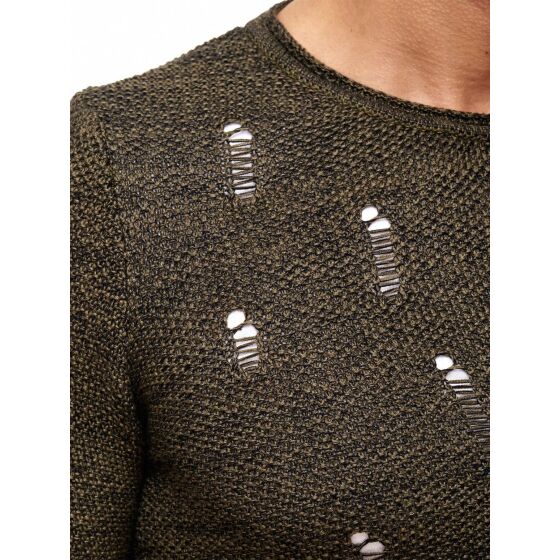 Red Bridge Mens Stylish Cuts Knit Sweater Pullover Sweat Oversize Destroyed double layer Khaki