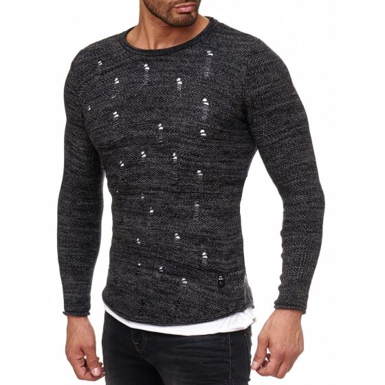 Red Bridge Mens Stylish Cuts Knit Jumper Sweat Oversize Destroyed Double Layer Black
