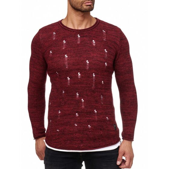 Red Bridge Herren Stylisch Cuts Strickpullover Pullover Sweat Oversize Destroyed double layer Bordeaux