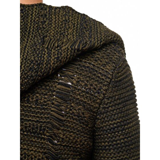 Red Bridge Mens Coarse Knit Destroy Cardigan Transition Jacket with Hood Oversize Destroyed Khaki