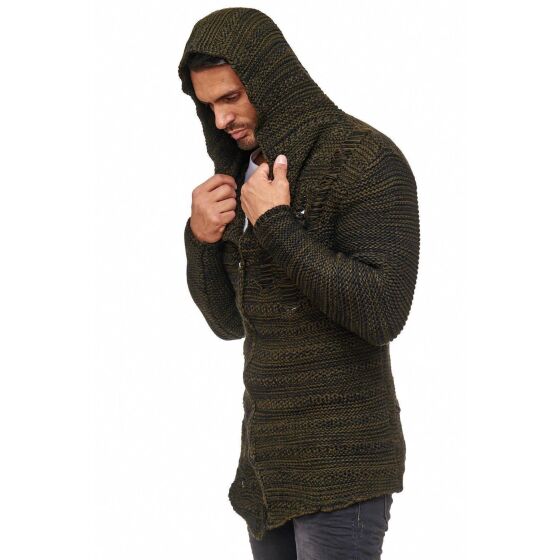 Red Bridge Mens Coarse Knit Destroy Cardigan Transition Jacket with Hood Oversize Destroyed Khaki