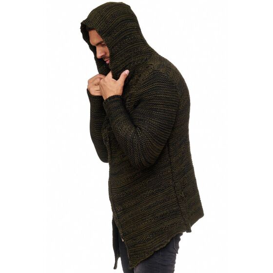 Red Bridge Mens Coarse Knit Destroy Cardigan Transition Jacket with Hood Oversize Destroyed Khaki