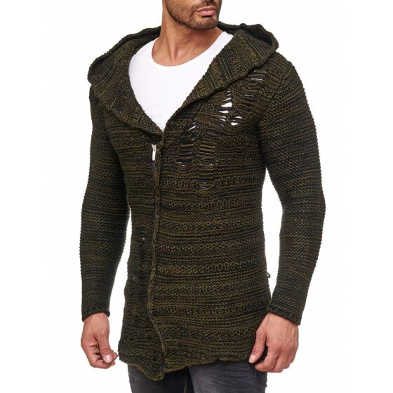 Red Bridge Mens Coarse Knit Destroy Cardigan Transition Jacket with Hood Oversize Destroyed Khaki