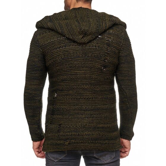 Red Bridge Mens Coarse Knit Destroy Cardigan Transition Jacket with Hood Oversize Destroyed Khaki