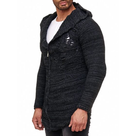 Red Bridge Mens Coarse Knit Destroy Cardigan Transition Jacket with Hood Oversize Destroyed Anthracite