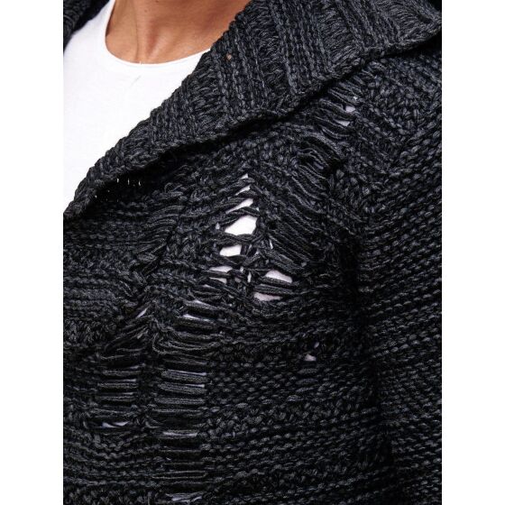 Red Bridge Mens Coarse Knit Destroy Cardigan Transition Jacket with Hood Oversize Destroyed Anthracite
