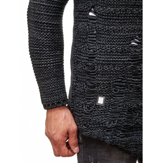 Red Bridge Mens Coarse Knit Destroy Cardigan Transition Jacket with Hood Oversize Destroyed Anthracite