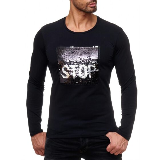 Red Bridge Herren Go or Stop Pailletten Pullover Sweatshirt Longsleeve changierend glänzend Text manuell veränderbar Schwarz