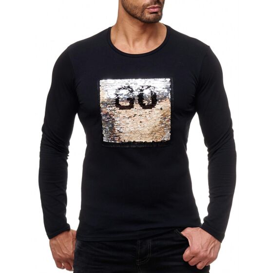 Red Bridge Mens go or stop sequined pullover sweatshirt long sleeve iridescent shiny text manually changeable black
