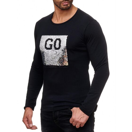 Red Bridge Mens go or stop sequined pullover sweatshirt long sleeve iridescent shiny text manually changeable black