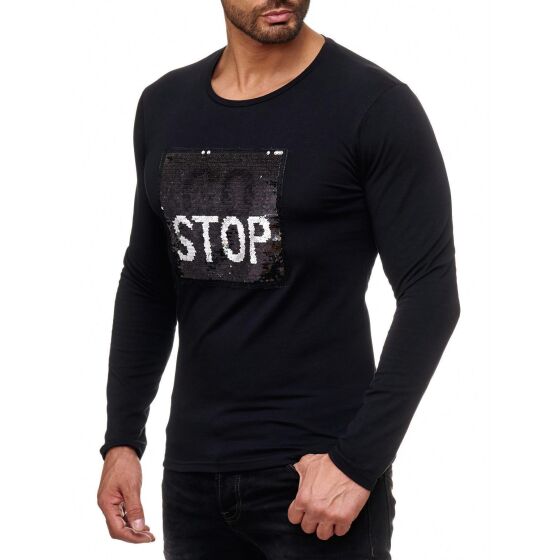 Red Bridge Mens go or stop sequined pullover sweatshirt long sleeve iridescent shiny text manually changeable black