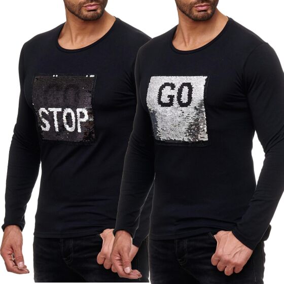 Red Bridge Mens Go or Stop Sequin Pullover Sweatshirt Longsleeve Iridescent Shiny Text Manually Changeable Black S