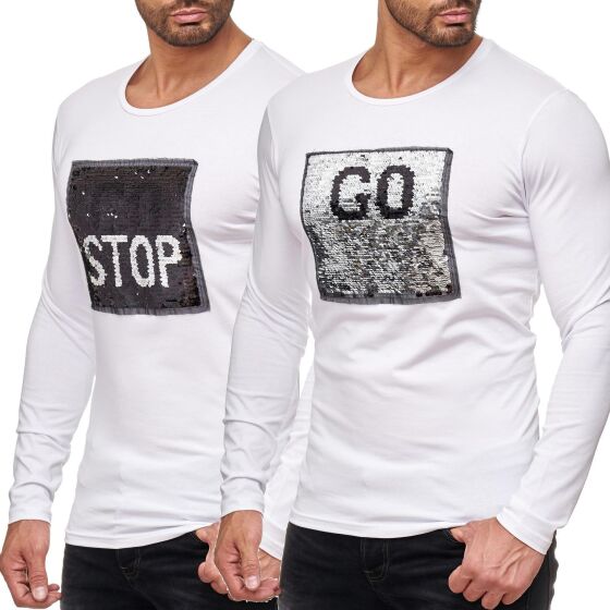 Red Bridge Mens go or stop sequined pullover sweatshirt long sleeve iridescent shiny text manually changeable white