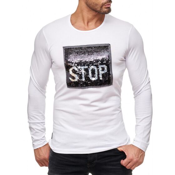 Red Bridge Mens go or stop sequined pullover sweatshirt long sleeve iridescent shiny text manually changeable white