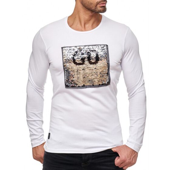 Red Bridge Mens go or stop sequined pullover sweatshirt long sleeve iridescent shiny text manually changeable white