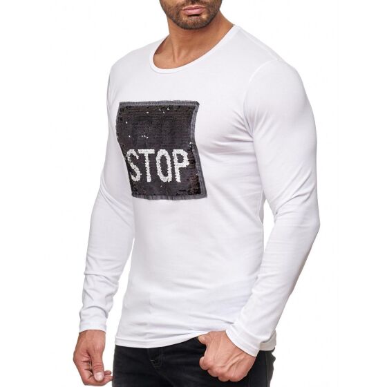 Red Bridge Mens go or stop sequined pullover sweatshirt long sleeve iridescent shiny text manually changeable white