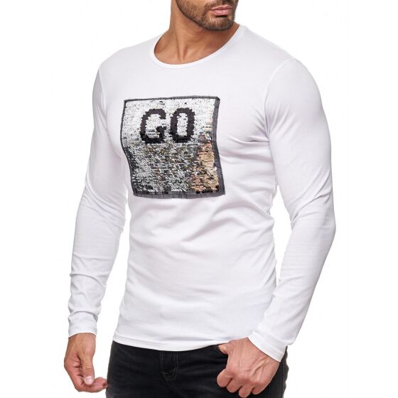 Red Bridge Mens go or stop sequined pullover sweatshirt long sleeve iridescent shiny text manually changeable white