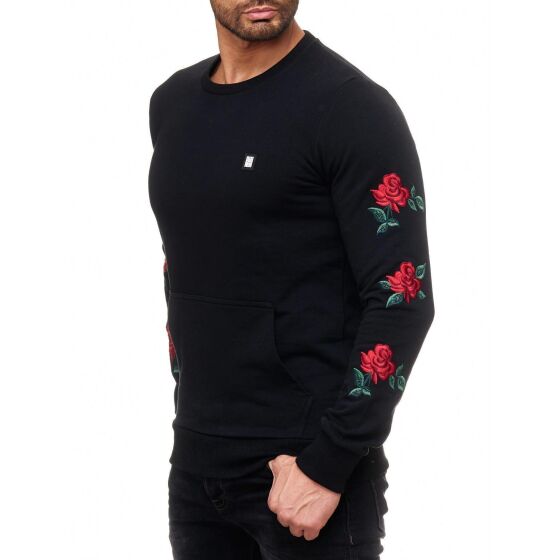 Red Bridge Mens Red Rose Flower Pullover Sweatshirt Longsleeve Black
