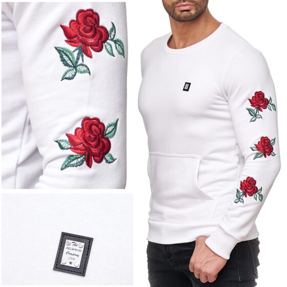 Red Bridge Herren Red Rose Flower Pullover Sweatshirt Longsleeve Weiß