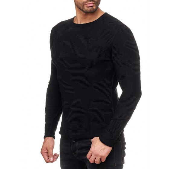 Red Bridge Herren Camo rip structure Strickpullover Pullover Sweat Longsleeve Camouflage Schwarz
