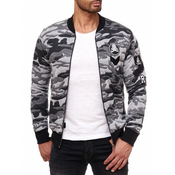 Red Bridge Mens College US Army Sweat Jacket with Patches Camouflage Grey