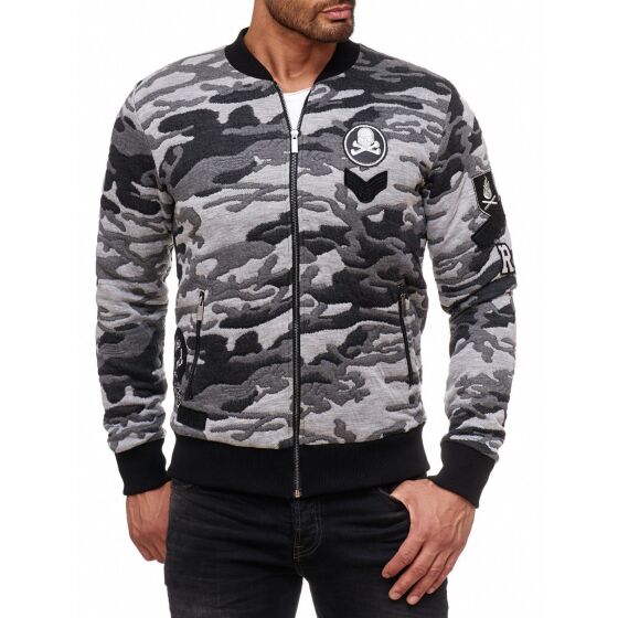 Red Bridge Mens College US Army Sweat Jacket with Patches Camouflage Grey