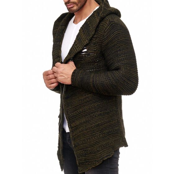 Red Bridge Herren Grobstrick Destroy Strickjacke Übergangsjacke mit Kapuze Oversize Destroyed Khaki XXL