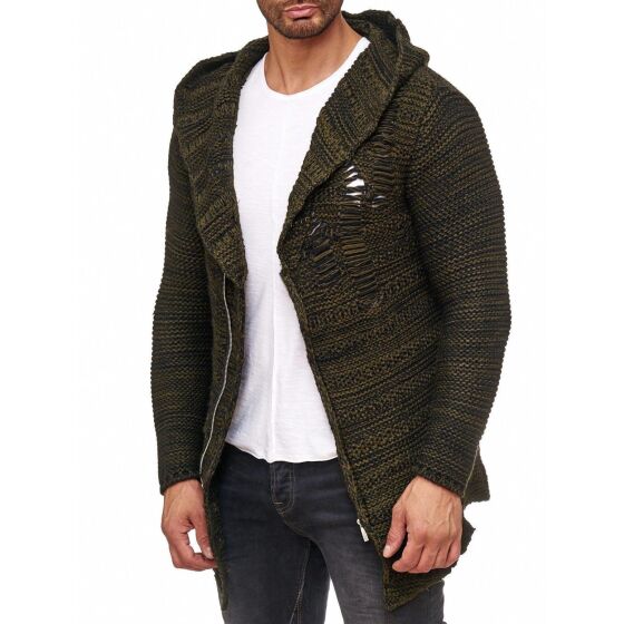 Red Bridge Herren Grobstrick Destroy Strickjacke Übergangsjacke mit Kapuze Oversize Destroyed Khaki XXL