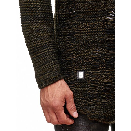 Red Bridge Herren Grobstrick Destroy Strickjacke Übergangsjacke mit Kapuze Oversize Destroyed Khaki XXL