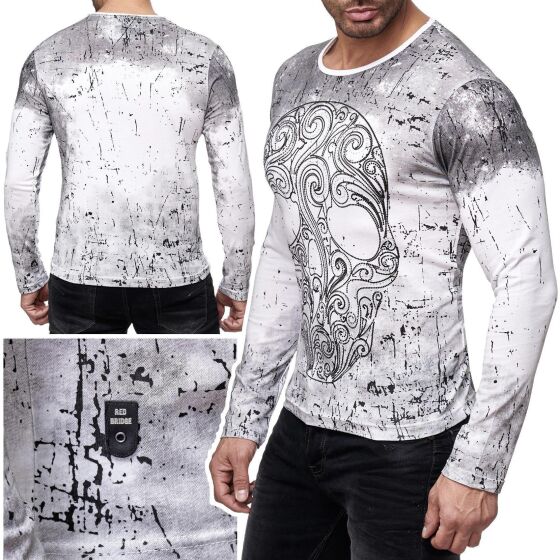 Red Bridge Mens Longsleeve Pullover Sweatshirt Designer Skull Motif with Rhinestones Black and White