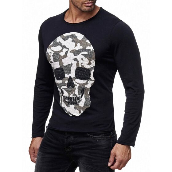 Red Bridge Herren Camo Skull Motiv Longsleeve Pullover mit Strasssteinen Langarm Shirt Camouflage Schwarz