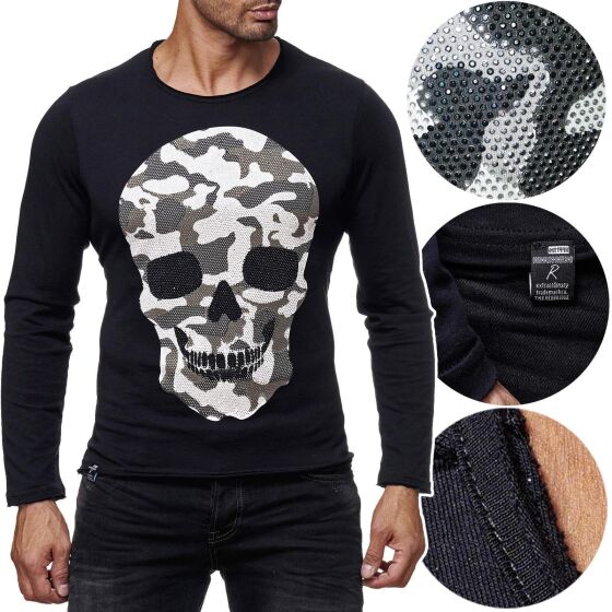 Red Bridge Herren Camo Skull Motiv Longsleeve Pullover mit Strasssteinen Langarm Shirt Camouflage Schwarz