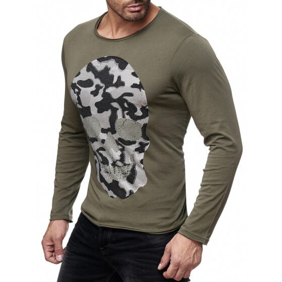 Red Bridge Mens Camo Skull Motif Longsleeve Sweater with Rhinestones Long Sleeve Shirt Camouflage Khaki