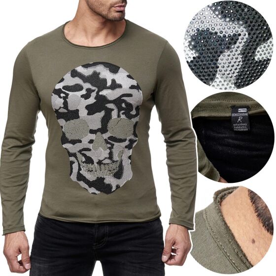 Red Bridge Mens Camo Skull Motif Longsleeve Sweater with Rhinestones Long Sleeve Shirt Camouflage Khaki