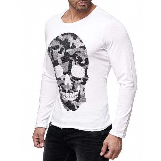 Red Bridge Herren Camo Skull Motiv Longsleeve Pullover mit Strasssteinen Langarm Shirt Camouflage Weiß