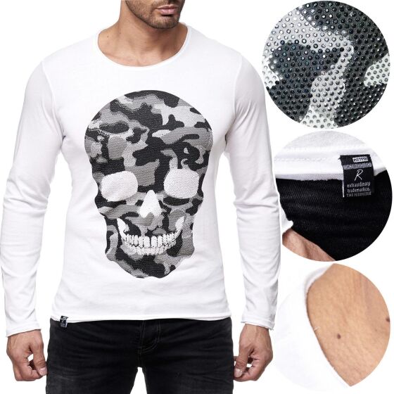 Red Bridge Herren Camo Skull Motiv Longsleeve Pullover mit Strasssteinen Langarm Shirt Camouflage Weiß