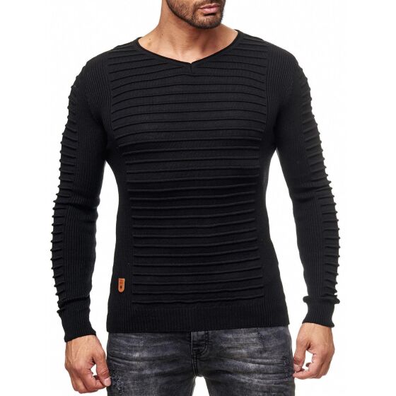 Red Bridge Mens Biker Line Rib Structure Casual Knit Jumper Sweater Sweat Black