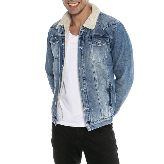 Red Bridge Herren Jeansjacke Trucker Sherpa Denim RBC Jeansjacke gefüttert Jacke Mantel Übergangsjacke Jeans Blue Denim Blau