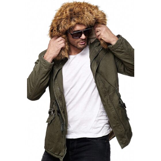 Red Bridge Mens Adventurous Parka Jacket Coat with Designer Faux Fur Lined Inside Winter Jacket Green