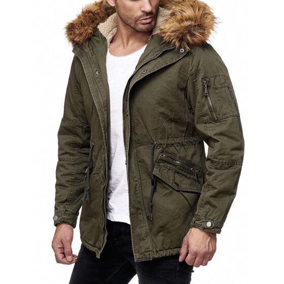 Red Bridge Mens Adventurous Parka Jacket Coat with Designer Faux Fur Lined Inside Winter Jacket Green