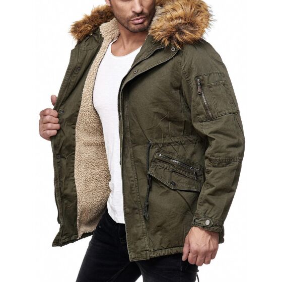 Red Bridge Mens Adventurous Parka Jacket Coat with Designer Faux Fur Lined Inside Winter Jacket Green