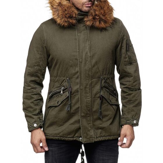 Red Bridge Mens Adventurous Parka Jacket Coat with Designer Faux Fur Lined Inside Winter Jacket Green