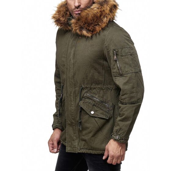 Red Bridge Mens Adventurous Parka Jacket Coat with Designer Faux Fur Lined Inside Winter Jacket Green