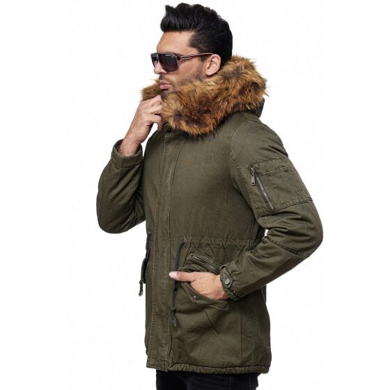 Red Bridge Mens Adventurous Parka Jacket Coat with Designer Faux Fur Lined Inside Winter Jacket Green