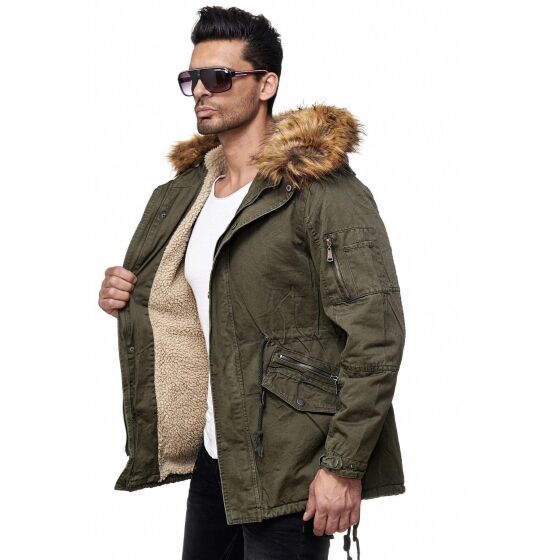 Red Bridge Mens Adventurous Parka Jacket Coat with Designer Faux Fur Lined Inside Winter Jacket Green